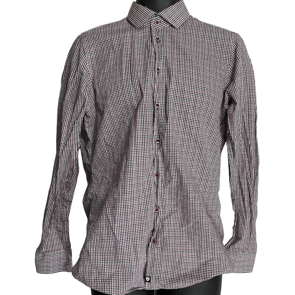 Strellson Shirt Mens Size 15.5 Blue Red Checkered Slim Fit Button Up Long Sleeve